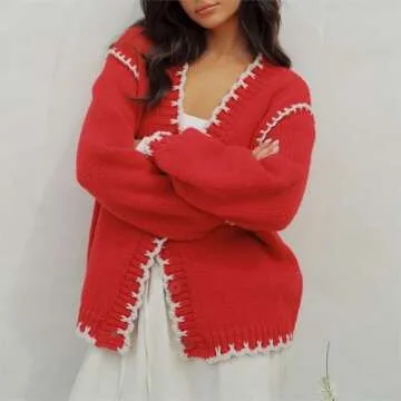 Sastianaen Women Y2k Cardigan Sweater Long Sleeve Button Down Cropped Sweater Coat Knit Lady Jacket ...