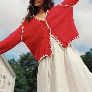 Sastianaen Women Y2k Cardigan Sweater Long Sleeve Button Down Cropped Sweater Coat Knit Lady Jacket 2024 Outwear(A Red,s), Small