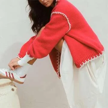 Sastianaen Women Y2k Cardigan Sweater Long Sleeve Button Down Cropped Sweater Coat Knit Lady Jacket 2024 Outwear(A Red,s), Small
