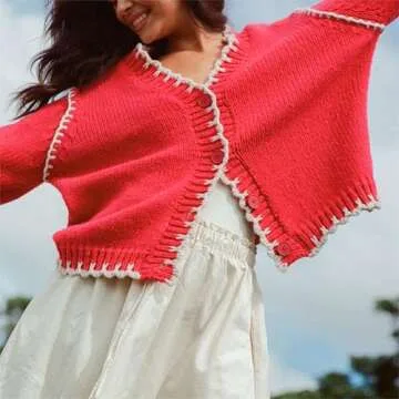 Sastianaen Women Y2k Cardigan Sweater Long Sleeve Button Down Cropped Sweater Coat Knit Lady Jacket 2024 Outwear(A Red,s), Small