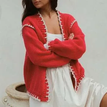 Sastianaen Women Y2k Cardigan Sweater Long Sleeve Button Down Cropped Sweater Coat Knit Lady Jacket 2024 Outwear(A Red,s), Small