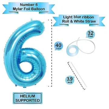 40 Inch Blue Number Balloons, Helium Mylar Foil Number Balloons for Birthdays, Number 6 Balloon for Party Wedding Bachelorette Birthday Bridal Shower Graduation Anniversary Celebration Party