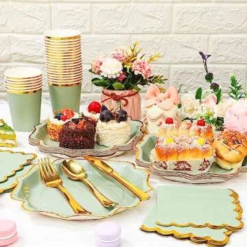 Gejoy 72 Pcs Plates and Napkins Party Supplies Disposable Dinnerware Set Sage Paper Dinner Plates 9 oz Cups and Fancy Napkins for Birthday Wedding Baby Shower Party Decor Serve 24 Guests(Sage Green)