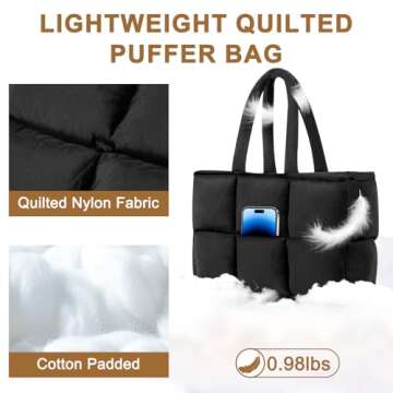 NAARIIAN Puffer Tote Bag for Women, Large Quilted Puffy Shoulder Handbag with Adjustable Shoulder St...