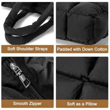 NAARIIAN Puffer Tote Bag for Women, Large Quilted Puffy Shoulder Handbag with Adjustable Shoulder Strap, Lightweight Puffer Bag Satchel Puffer Purse Handbag for Work, Travel & Gym, Black