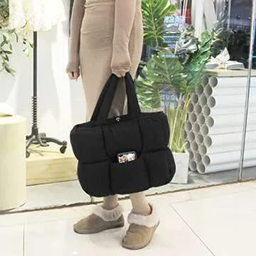 NAARIIAN Puffer Tote Bag for Women, Large Quilted Puffy Shoulder Handbag with Adjustable Shoulder Strap, Lightweight Puffer Bag Satchel Puffer Purse Handbag for Work, Travel & Gym, Black