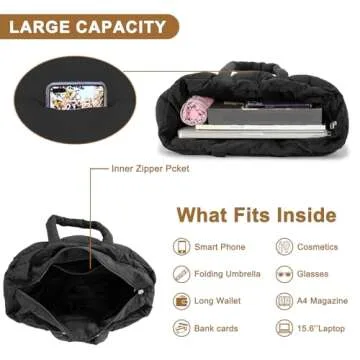 NAARIIAN Puffer Tote Bag for Women, Large Quilted Puffy Shoulder Handbag with Adjustable Shoulder Strap, Lightweight Puffer Bag Satchel Puffer Purse Handbag for Work, Travel & Gym, Black