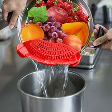 Clip On Strainer Silicone for all Pots and Pans, AUOON Pasta Strainer Clip on Food Strainer for Meat Vegetables Fruit Silicone Kitchen Colander