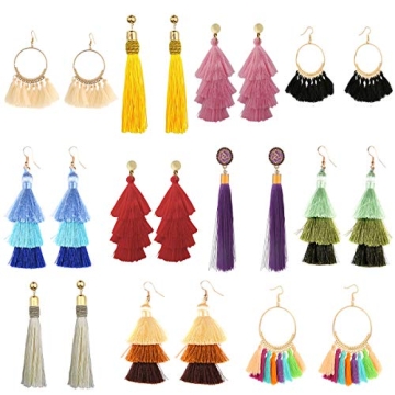 11 Pairs Tassel Earrings for Women Colorful Long Layered Thread Ball Dangle Earrings Yellow Red Fash...