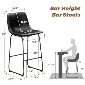 Aowos Bar Stools Set of 2, 30inch Bar Height Bar Stools with Back, Modern Faux Leather Bar Stools with Metal Legs and Footrest, Urban Armless Bar Chairs for Kitchens Island (Black)