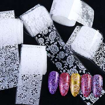 10 Rolls Lace Nail Art Foil Transfer Sticker Sexy Nail Foil Stickers Decals Kit Black White Sexy Lace Nail Design for Acrylic Nail Wedding Nail Art Decoration Starry Sky Lace Flowers Nail Foils…