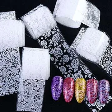 10 Rolls Lace Nail Art Foil Transfer Sticker Sexy Nail Foil Stickers Decals Kit Black White Sexy Lace Nail Design for Acrylic Nail Wedding Nail Art Decoration Starry Sky Lace Flowers Nail Foils…
