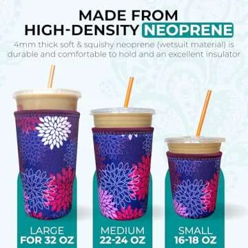 Koverz Iced Coffee Sleeve, Insulated Neoprene Cup Sleeve, Fits a 32 Oz. Coffee Cup, Washable and Reusable, Iced Coffee Accessories, Large Midnight Mums