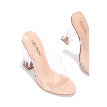 Cape Robbin Fusion Clear Chunky Block High Heels for Women, Transparent Booties for Women - Nude Size 8.5