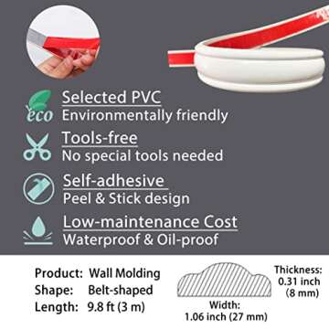 Gaahing Paintable Wall Molding Trim | Peel and Stick Self-Adhesive Chair Rail | DIY Home Decor on Cabinet Bacakground Frame (9.8ft x 1.06in, White)