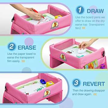 Upgraded Kids Travel Tray with Dry Erase Top Car Seat Travel Tray With Educational Drawing Car Seat Activity Tray with 16 Organizer Pockets Snack Lap Tray Pink for Car Stroller Plane
