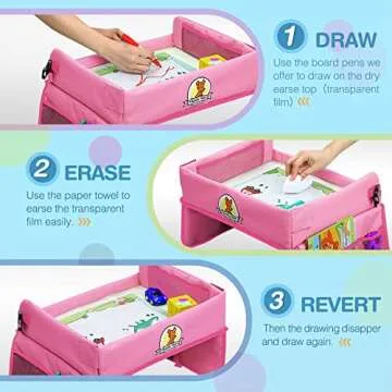 Upgraded Kids Travel Tray with Dry Erase Top Car Seat Travel Tray With Educational Drawing Car Seat Activity Tray with 16 Organizer Pockets Snack Lap Tray Pink for Car Stroller Plane