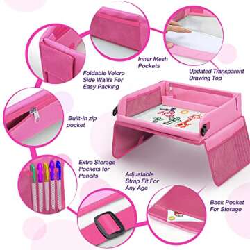 Upgraded Kids Travel Tray with Dry Erase Top Car Seat Travel Tray With Educational Drawing Car Seat Activity Tray with 16 Organizer Pockets Snack Lap Tray Pink for Car Stroller Plane