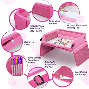 Upgraded Kids Travel Tray with Dry Erase Top Car Seat Travel Tray With Educational Drawing Car Seat Activity Tray with 16 Organizer Pockets Snack Lap Tray Pink for Car Stroller Plane