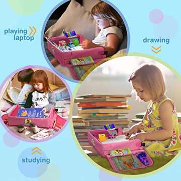 Upgraded Kids Travel Tray with Dry Erase Top Car Seat Travel Tray With Educational Drawing Car Seat Activity Tray with 16 Organizer Pockets Snack Lap Tray Pink for Car Stroller Plane