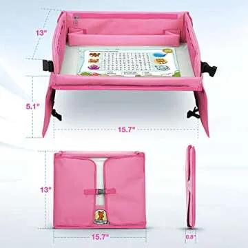 Upgraded Kids Travel Tray with Dry Erase Top Car Seat Travel Tray With Educational Drawing Car Seat Activity Tray with 16 Organizer Pockets Snack Lap Tray Pink for Car Stroller Plane