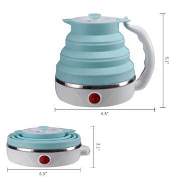 Travel Foldable Electric Kettle, Collapsible Food Grade Silicone Small Kettle Boiling water,Dual Voltage（600ml,110-220V US Plug） (Blue)