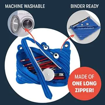 ZIPIT Monster Pencil Pouch for Boys | 3-Ring Binder Pencil Case | Large Capacity Pen Case for School (Blue)