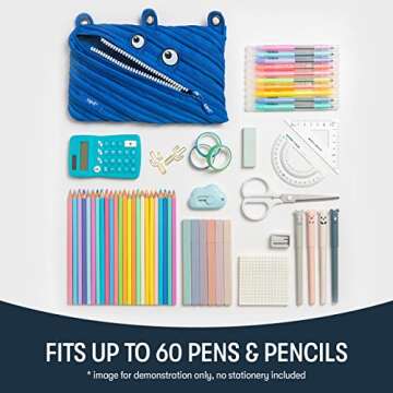 ZIPIT Monster Pencil Pouch for Boys | 3-Ring Binder Pencil Case | Large Capacity Pen Case for School (Blue)