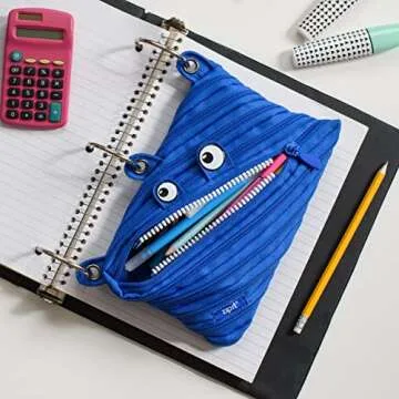 ZIPIT Monster Pencil Pouch for Boys | 3-Ring Binder Pencil Case | Large Capacity Pen Case for School (Blue)