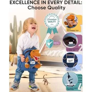 Dinosaur Backpack for Kids 3-5, Toddler Backpack for Boys with Detachable Dinosaur Toy with Pockets and Reflective Logo Patch