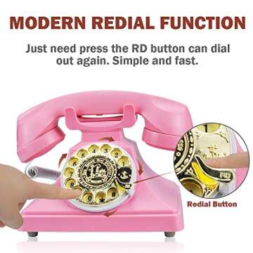 1960's Style Rotary Vintage Antique Style Retro Dial Desk Telephone, Old Fashioned Classic Corded Rotary Landline Phone for Home and Office Decor (Pink)