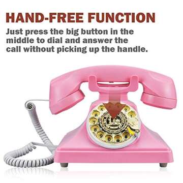 1960's Style Rotary Vintage Antique Style Retro Dial Desk Telephone, Old Fashioned Classic Corded Rotary Landline Phone for Home and Office Decor (Pink)