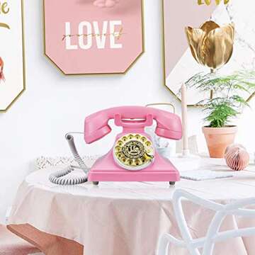 1960's Style Rotary Vintage Antique Style Retro Dial Desk Telephone, Old Fashioned Classic Corded Rotary Landline Phone for Home and Office Decor (Pink)