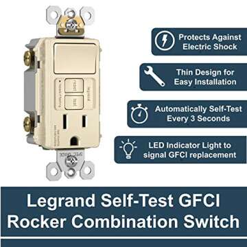 Legrand radiant 1597SWTTRLACCD4 15 Amp Combination GFCI Self Test Tamper-Resistant Decorator Outlet ...