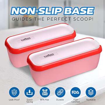 Laxinis World Ice Cream Containers – Pack of 2 Ice Cream Plastic Containers with lids, 1.5 Quarts, Reusable, with Non-slip Base (Pink)