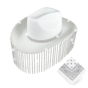 LMJFOR White Rhinestone Cowboy Hat with Long Rhinestone White Bandana, White Cowgirl Hat for Women H...