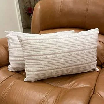 Himerus Set of 2 Cotton Linen Farmhouse Throw Pillow Covers 12 x 20 Inches, Modern Accent Stripes Textured Pattern Square Decorative Cases for Couch Sofa Chair Bedroom Living Room, Cream and Khaki