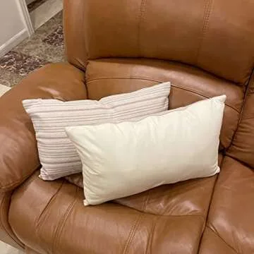 Himerus Set of 2 Cotton Linen Farmhouse Throw Pillow Covers 12 x 20 Inches, Modern Accent Stripes Textured Pattern Square Decorative Cases for Couch Sofa Chair Bedroom Living Room, Cream and Khaki