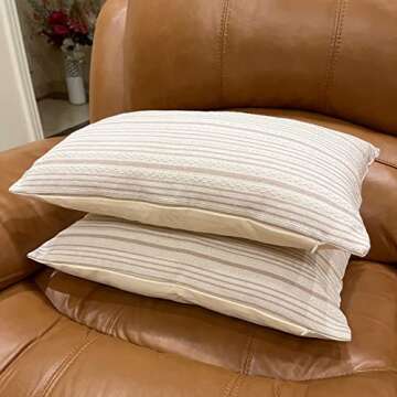 Himerus Set of 2 Cotton Linen Farmhouse Throw Pillow Covers 12 x 20 Inches, Modern Accent Stripes Textured Pattern Square Decorative Cases for Couch Sofa Chair Bedroom Living Room, Cream and Khaki
