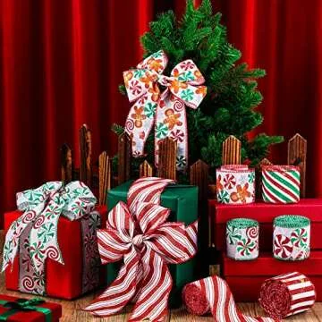 Jetec 30 Yards Christmas Wired Edge Ribbons Peppermint Candy Canes Swirl Satin Wired Edge Ribbons Round Lollipop Gingerbread Man Stripe Ribbon Burlap Plaid Wired Ribbon for Xmas Wreath Decor (Candy)