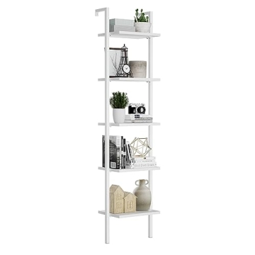 NUMENN Industrial Ladder Shelf, 5 Tier Book Shelf, Open Space Wall Mount Bookshelf with Metal Frame,...