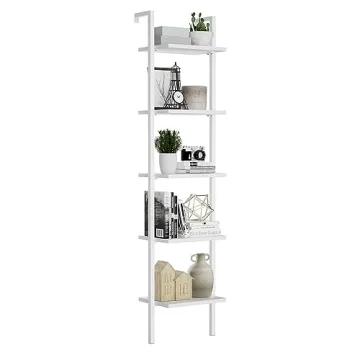NUMENN Industrial Ladder Shelf, 5 Tier Book Shelf, Open Space Wall Mount Bookshelf with Metal Frame,...
