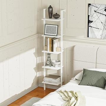 NUMENN Industrial Ladder Shelf, 5 Tier Book Shelf, Open Space Wall Mount Bookshelf with Metal Frame, Sturdy Book Shelves, Bookcase for Living Room, Home Office, White