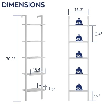NUMENN Industrial Ladder Shelf, 5 Tier Book Shelf, Open Space Wall Mount Bookshelf with Metal Frame, Sturdy Book Shelves, Bookcase for Living Room, Home Office, White