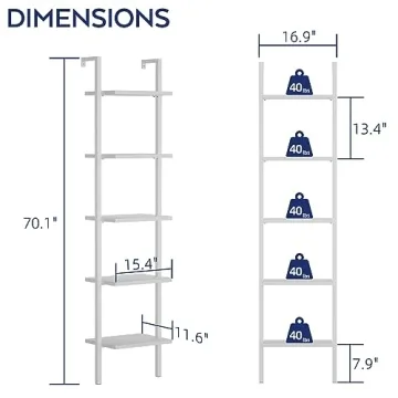 NUMENN Industrial Ladder Shelf, 5 Tier Book Shelf, Open Space Wall Mount Bookshelf with Metal Frame, Sturdy Book Shelves, Bookcase for Living Room, Home Office, White