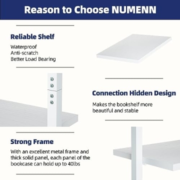 NUMENN Industrial Ladder Shelf, 5 Tier Book Shelf, Open Space Wall Mount Bookshelf with Metal Frame, Sturdy Book Shelves, Bookcase for Living Room, Home Office, White