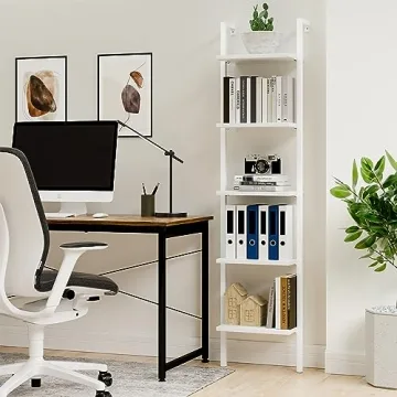 NUMENN Industrial Ladder Shelf, 5 Tier Book Shelf, Open Space Wall Mount Bookshelf with Metal Frame, Sturdy Book Shelves, Bookcase for Living Room, Home Office, White