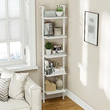 NUMENN Industrial Ladder Shelf, 5 Tier Book Shelf, Open Space Wall Mount Bookshelf with Metal Frame, Sturdy Book Shelves, Bookcase for Living Room, Home Office, White