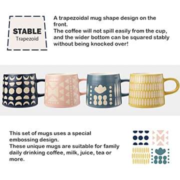 YouPeng Coffee Mug Set, Large Coffee Mugs with Relief Design as Gifts, Ceramic Coffee Cups with Handle for Men Women, 14oz Coffee Mug Durable and Modern, Set of 4 Green