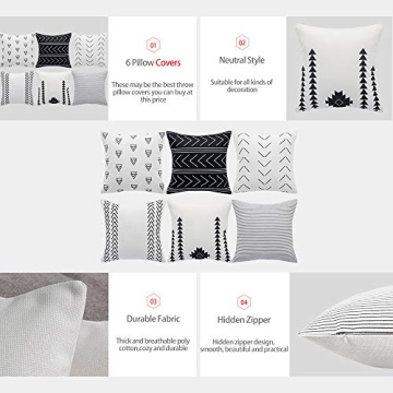DEZENE Throw Pillow Covers for Couch,6 Pack,Natural Linen Look Fabric,Modern Geometric Patterns,Decorative Sofa Square Cushion Pillow-Cases,18 x 18 inch,Black